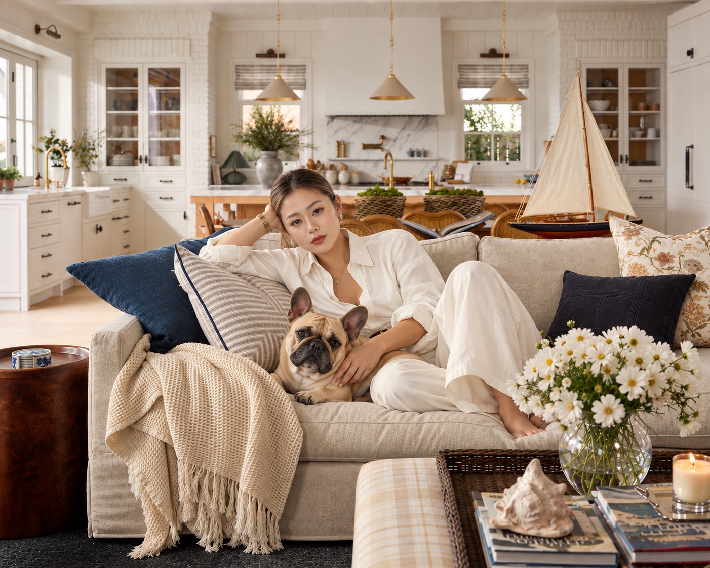 Constance Kent, Cincinnati interior designer, at home with her French bulldog